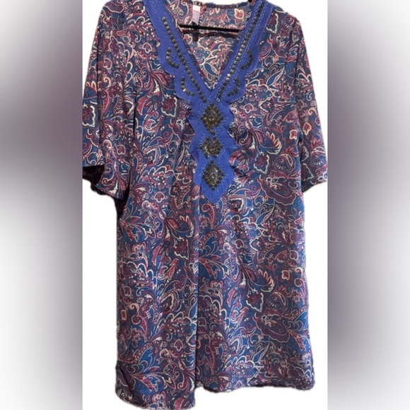 Alya Women's Blue Embroidered‎ Floral Print Short Sleeve Knit Dress Size Small - Picture 2 of 2